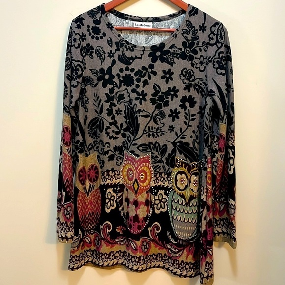 La Madona Tunic Soft Long Sleeve Owl Animal Print Scoop-neck Pullover Top size M - Picture 1 of 9